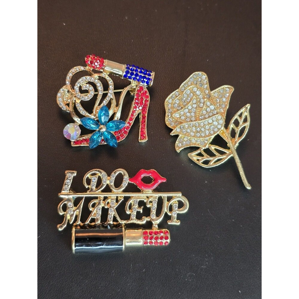 Modern Rhinestone Brooch Lot Lipstick Makeup High Heel Rose Gold Tone Pins #339